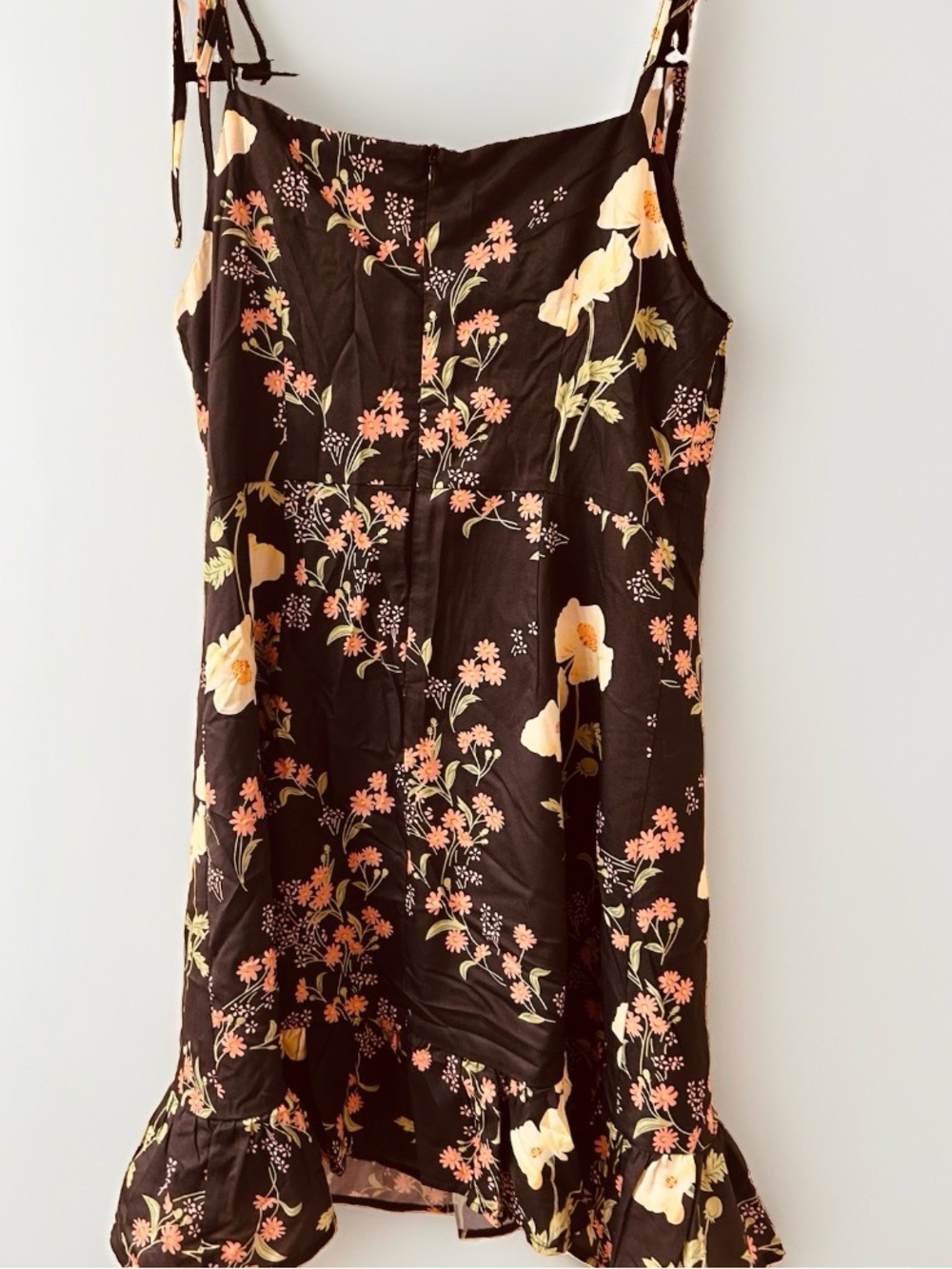 Love + Harmony Black Floral Ruffle Hem Mini Dress Tie Straps cottagecore Size M